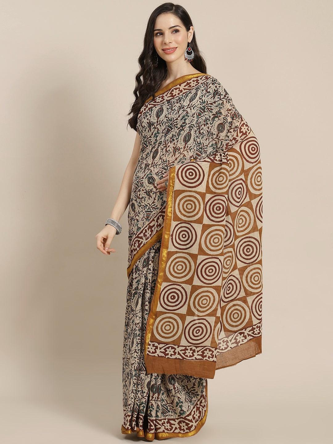 Beige Printed Cotton Saree - ShopLibas
