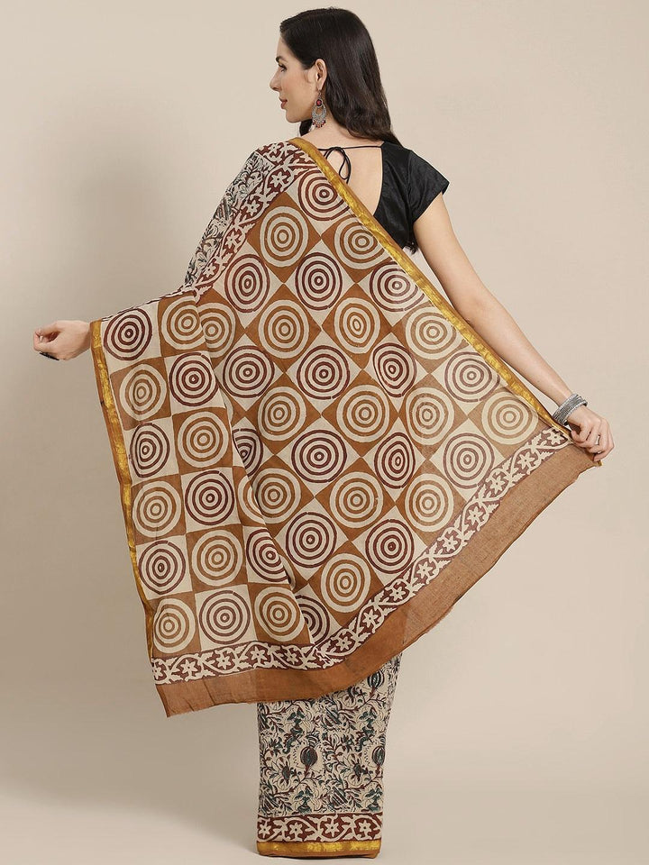 Beige Printed Cotton Saree - ShopLibas