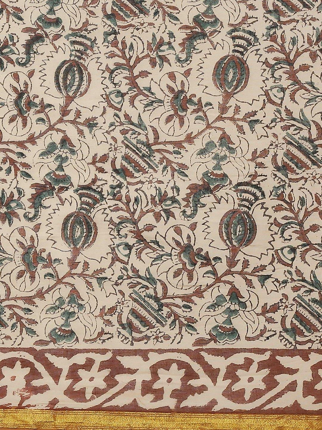 Beige Printed Cotton Saree - ShopLibas