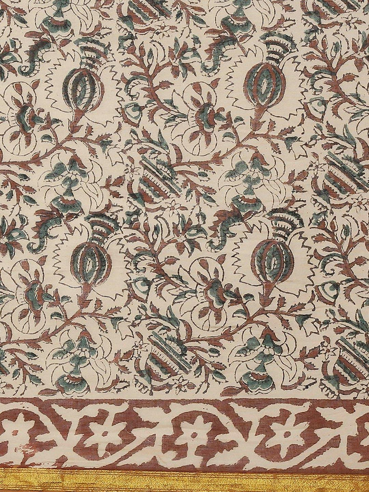 Beige Printed Cotton Saree - ShopLibas