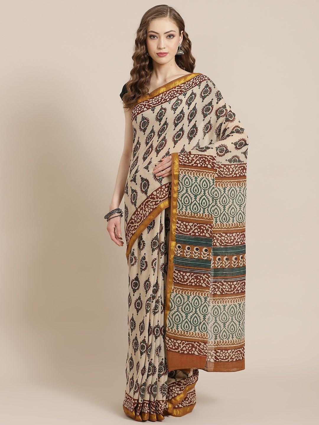 Beige Printed Cotton Saree - ShopLibas