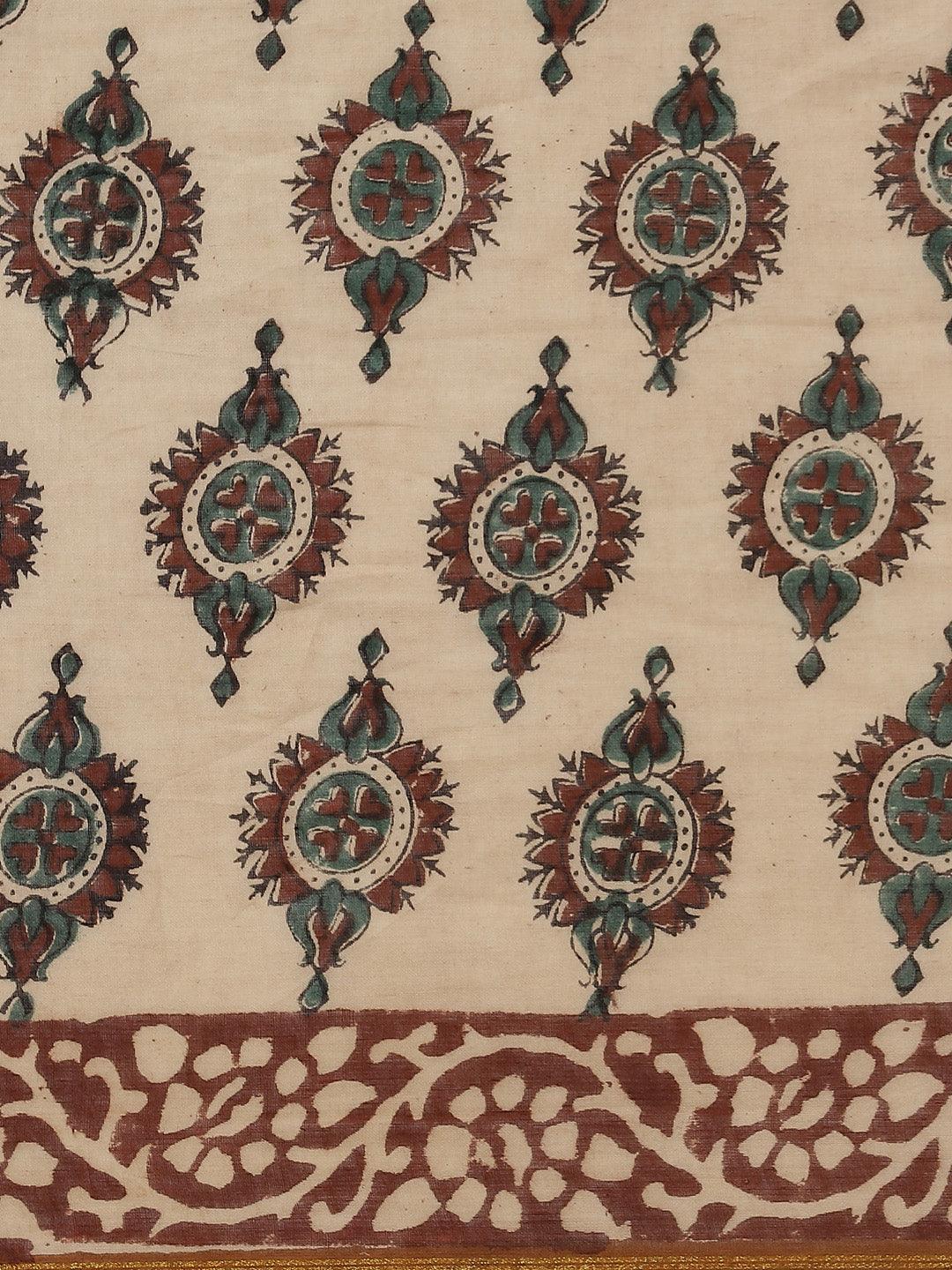 Beige Printed Cotton Saree - ShopLibas
