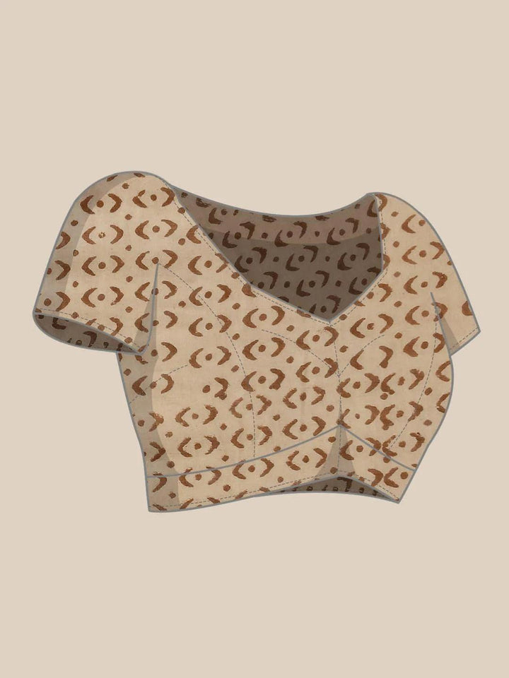Beige Printed Cotton Saree - ShopLibas
