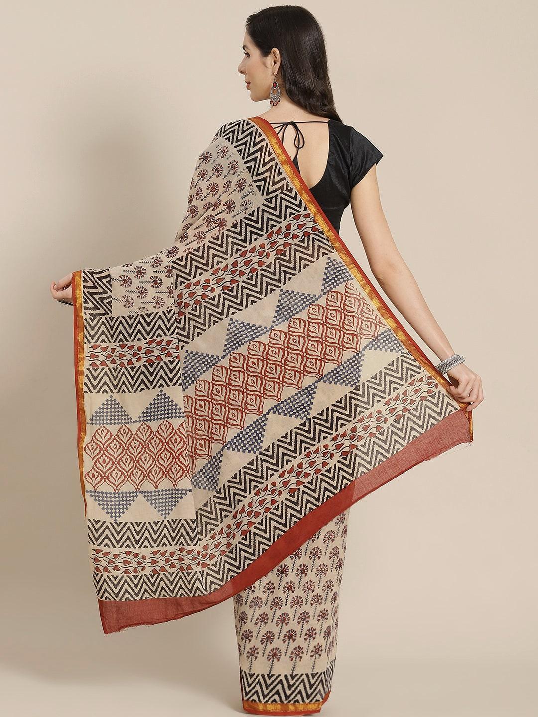 Beige Printed Cotton Saree - ShopLibas