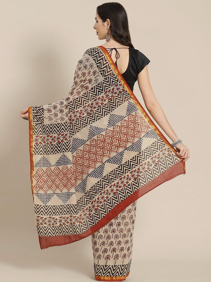 Beige Printed Cotton Saree - ShopLibas