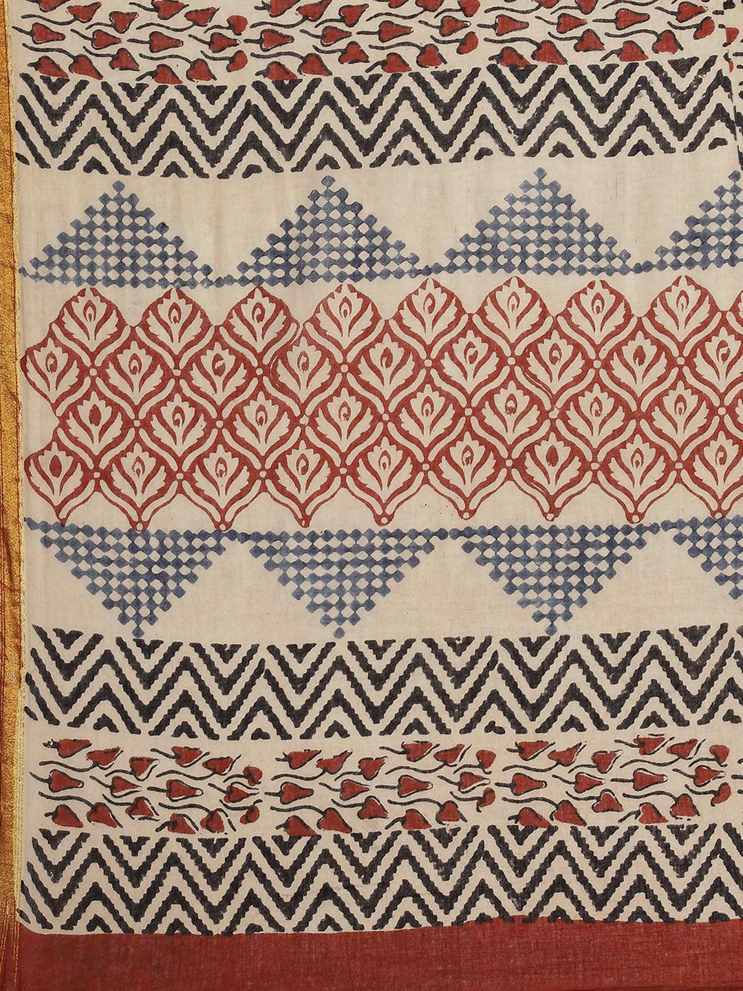 Beige Printed Cotton Saree - ShopLibas