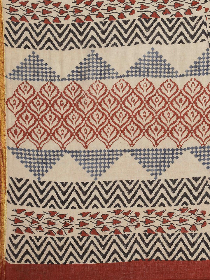 Beige Printed Cotton Saree - ShopLibas