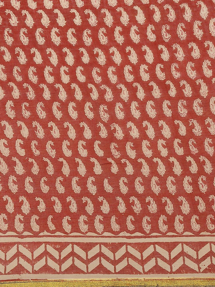 Rust Printed Cotton Saree - ShopLibas