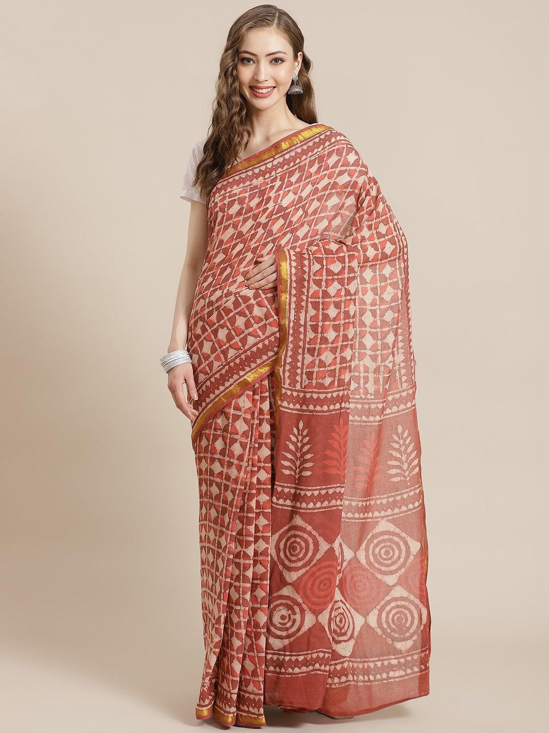 Red Printed Cotton Saree - ShopLibas