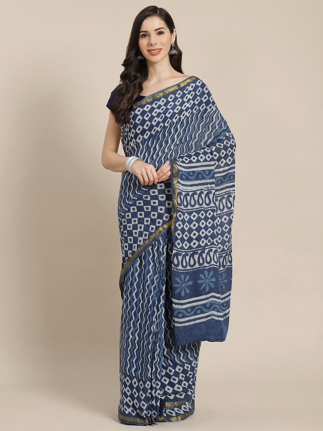 Blue Printed Cotton Saree - ShopLibas