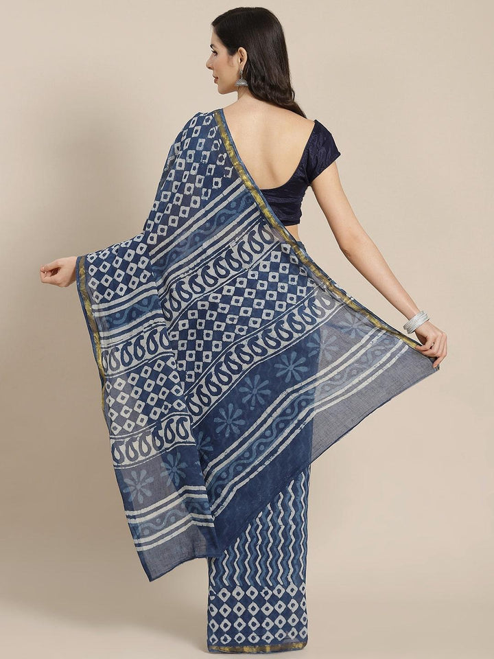 Blue Printed Cotton Saree - ShopLibas