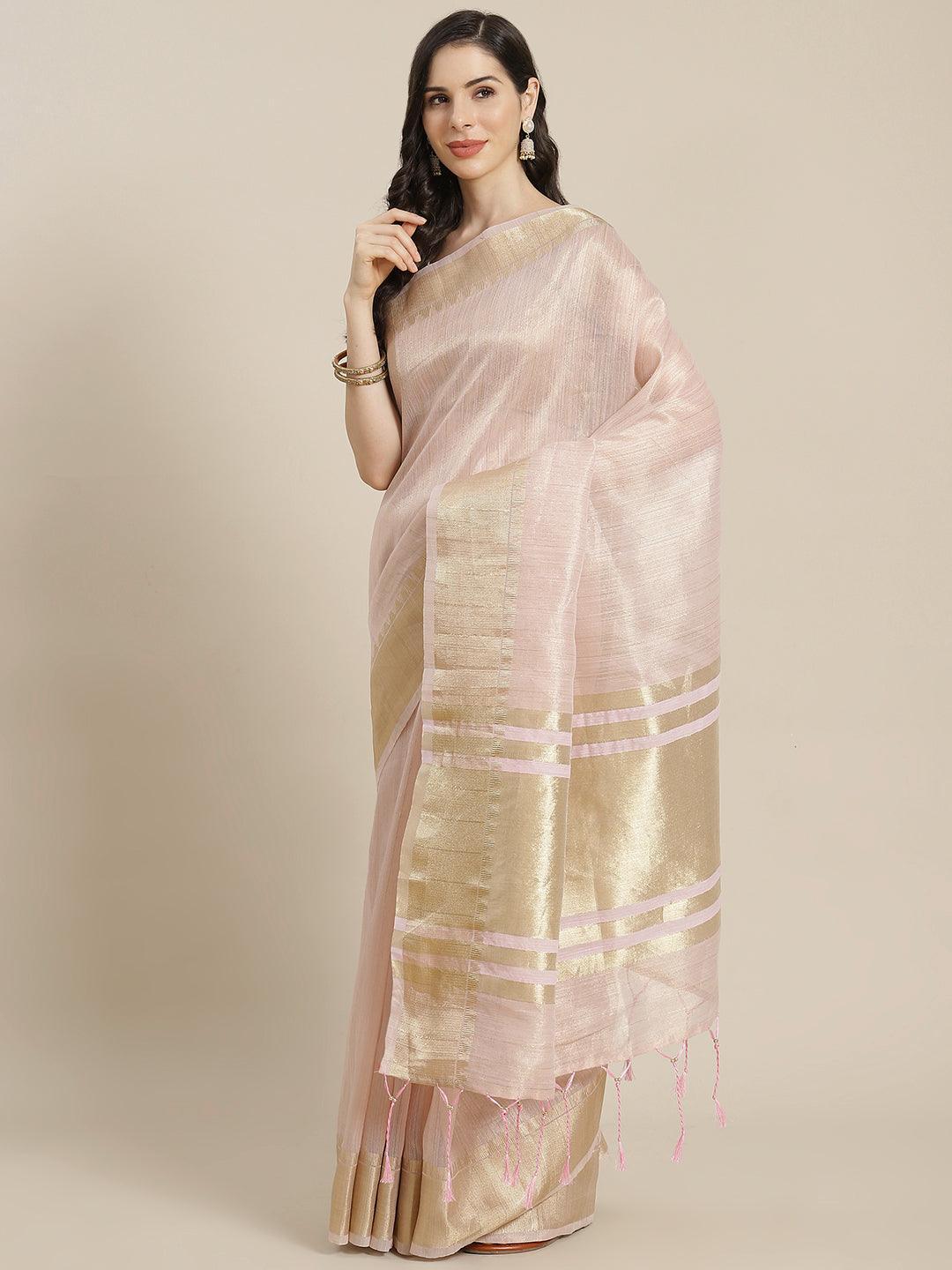 Pink Woven Design Silk Blend Saree - ShopLibas