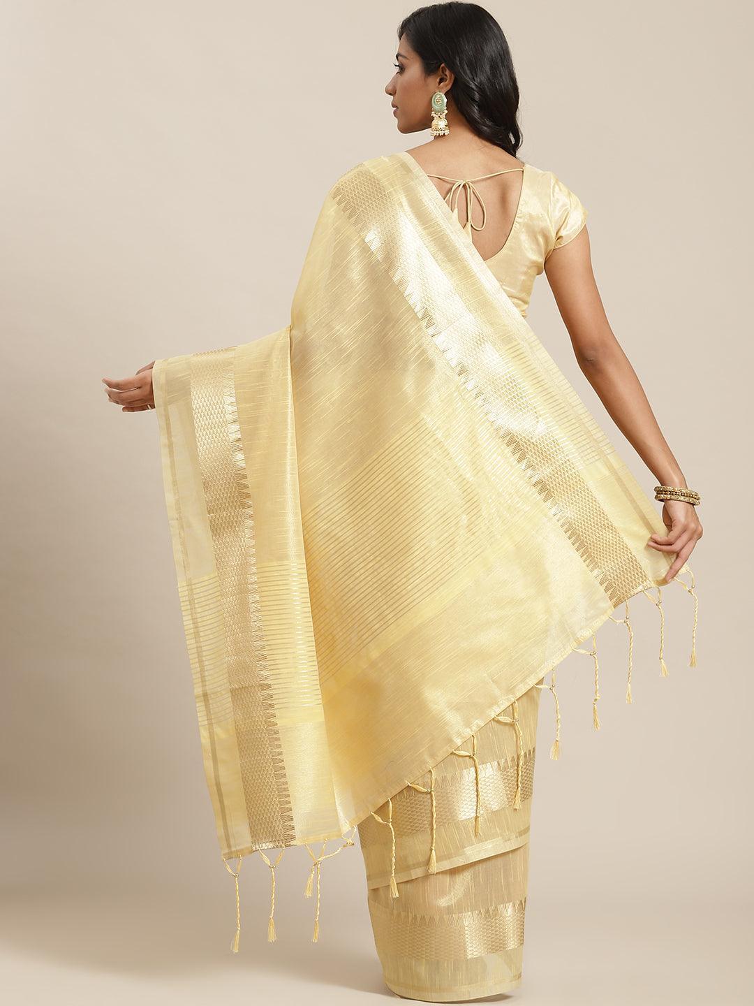 Beige Solid Silk Blend Saree - ShopLibas