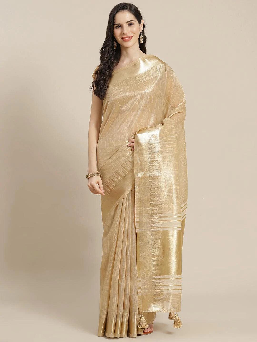 Beige Woven Design Silk Blend Saree - ShopLibas