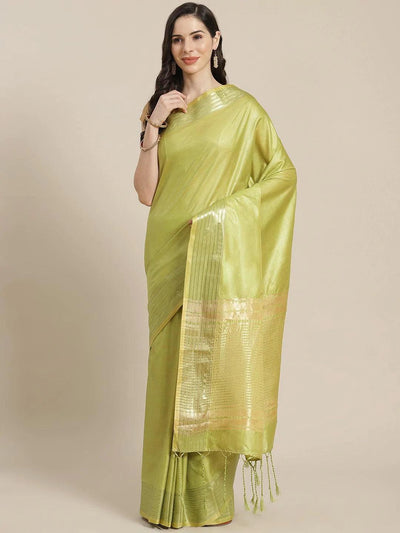 Green Solid Silk Blend Saree - ShopLibas