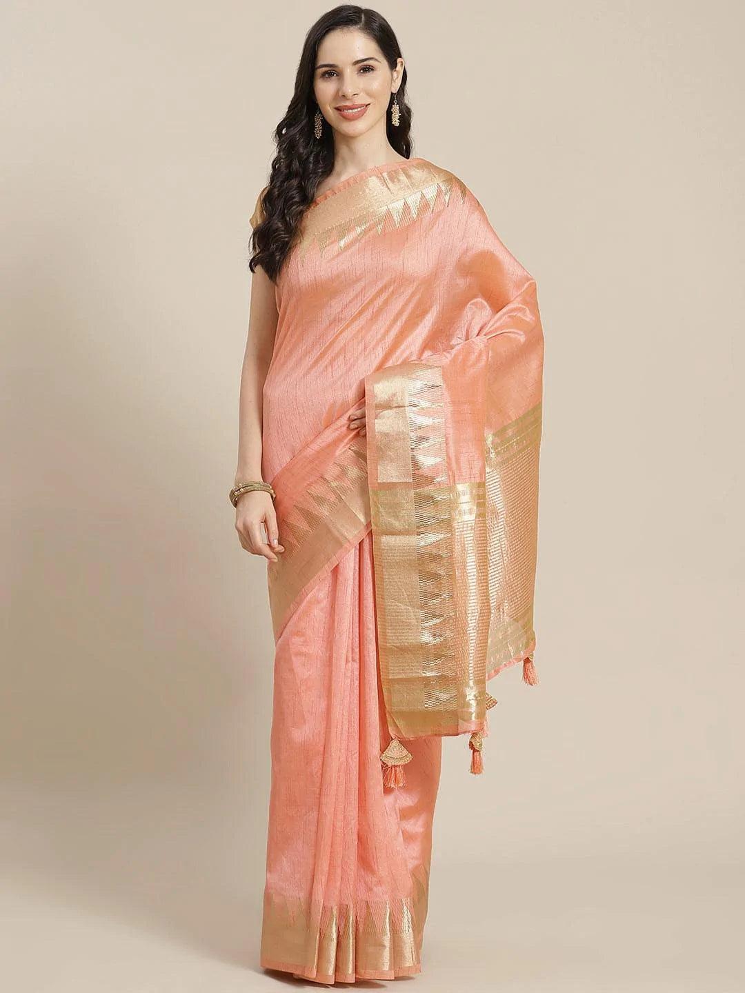Peach Woven Design Silk Blend Saree - ShopLibas