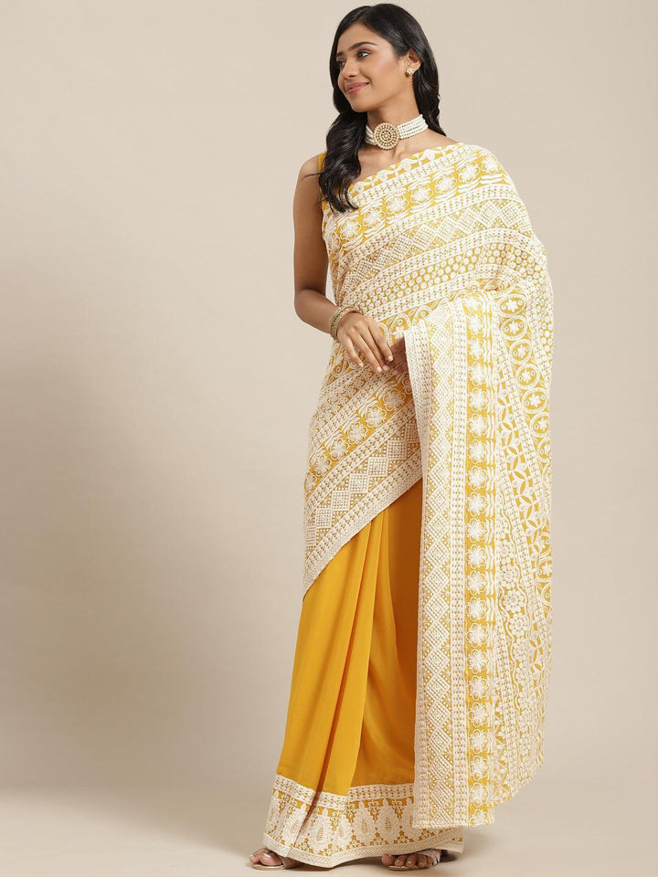 Yellow Embroidered Georgette Saree - ShopLibas