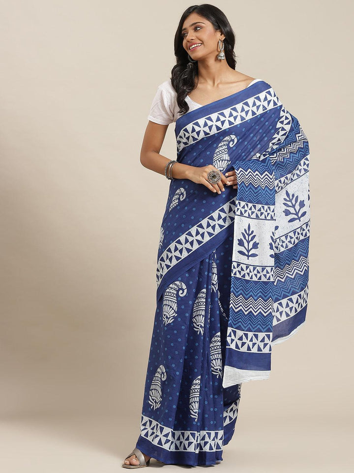 Blue Printed Cotton Saree