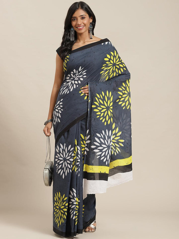 Grey Printed Cotton Saree