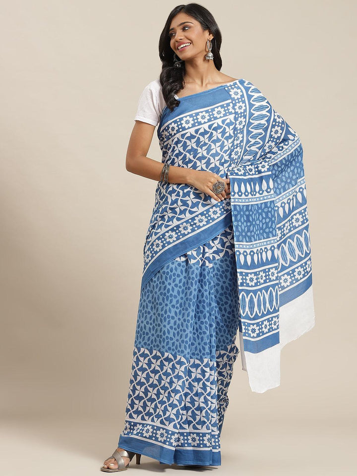 Blue Printed Cotton Saree