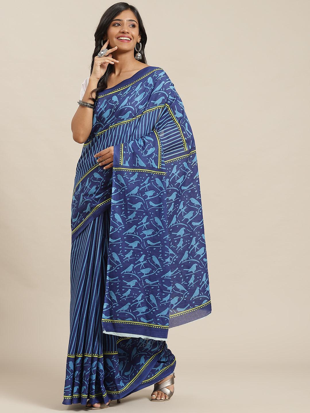 Blue Printed Cotton Saree - ShopLibas