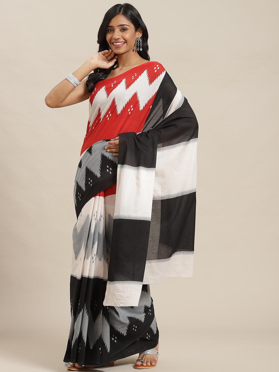 Multicoloured Printed Cotton Saree - ShopLibas