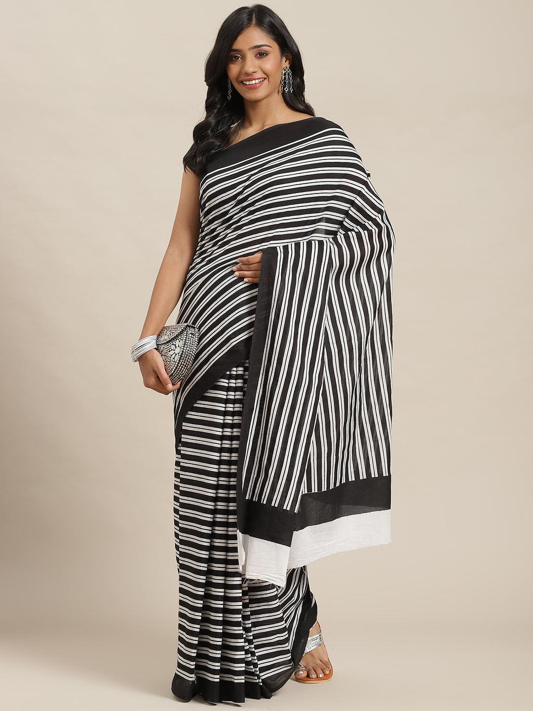 Black Printed Cotton Saree - ShopLibas