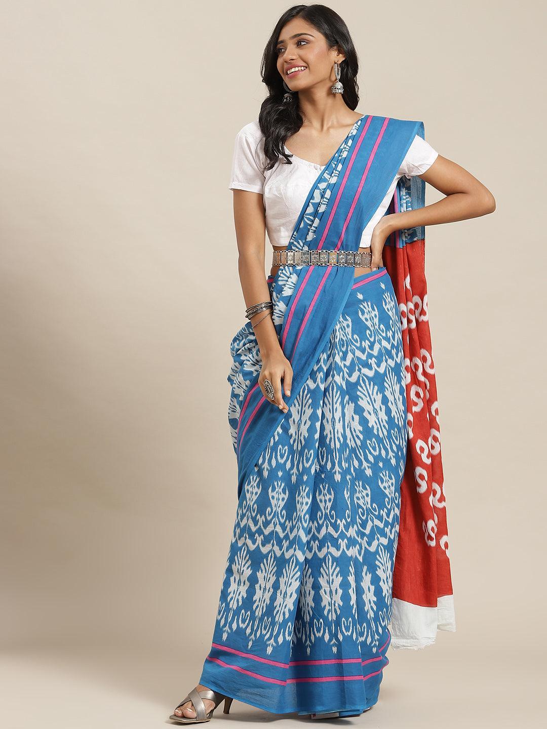 Blue Printed Cotton Saree - ShopLibas