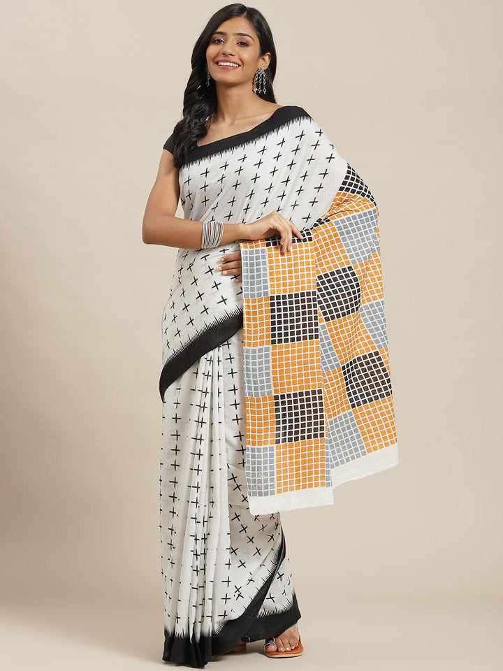 White Printed Cotton Saree