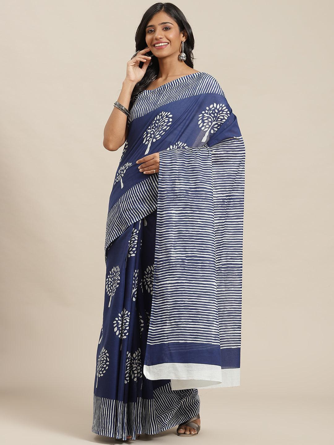 Blue Printed Cotton Saree - ShopLibas
