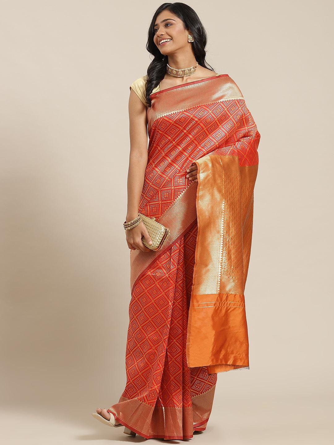 Orange Woven Design Brocade Saree - ShopLibas
