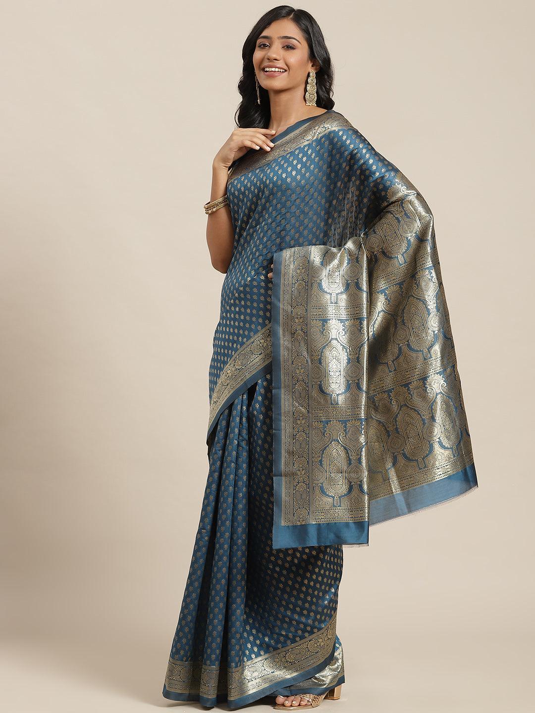 Blue Woven Design Brocade Saree - ShopLibas