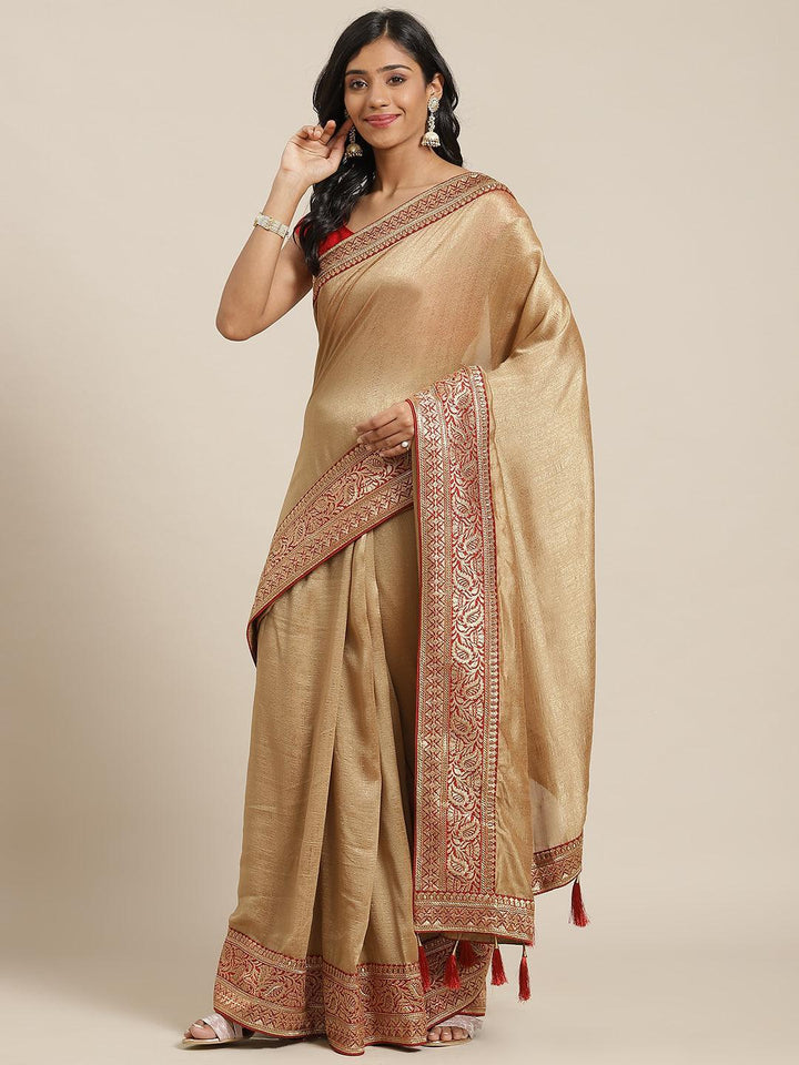 Beige Solid Silk Blend Saree - ShopLibas