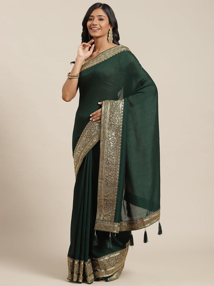 Green Solid Silk Blend Saree - ShopLibas
