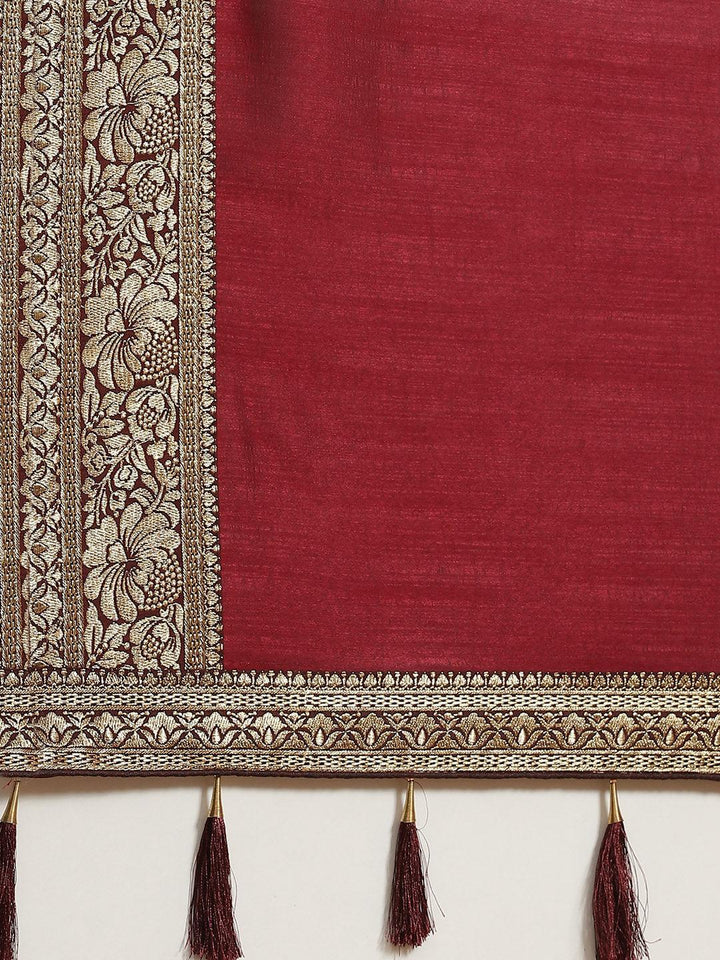 Maroon Solid Silk Blend Saree - ShopLibas