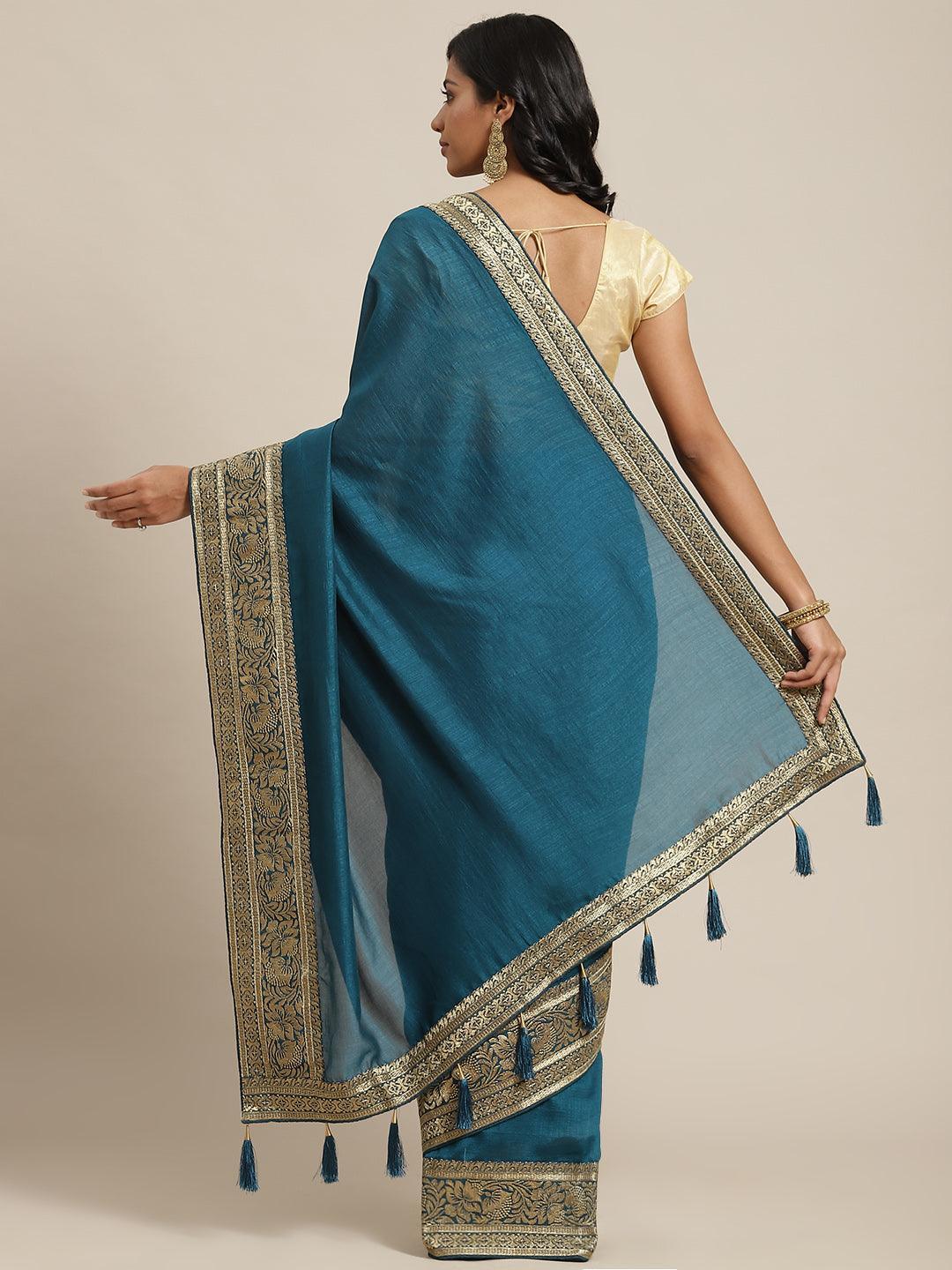 Blue Solid Silk Blend Saree - ShopLibas