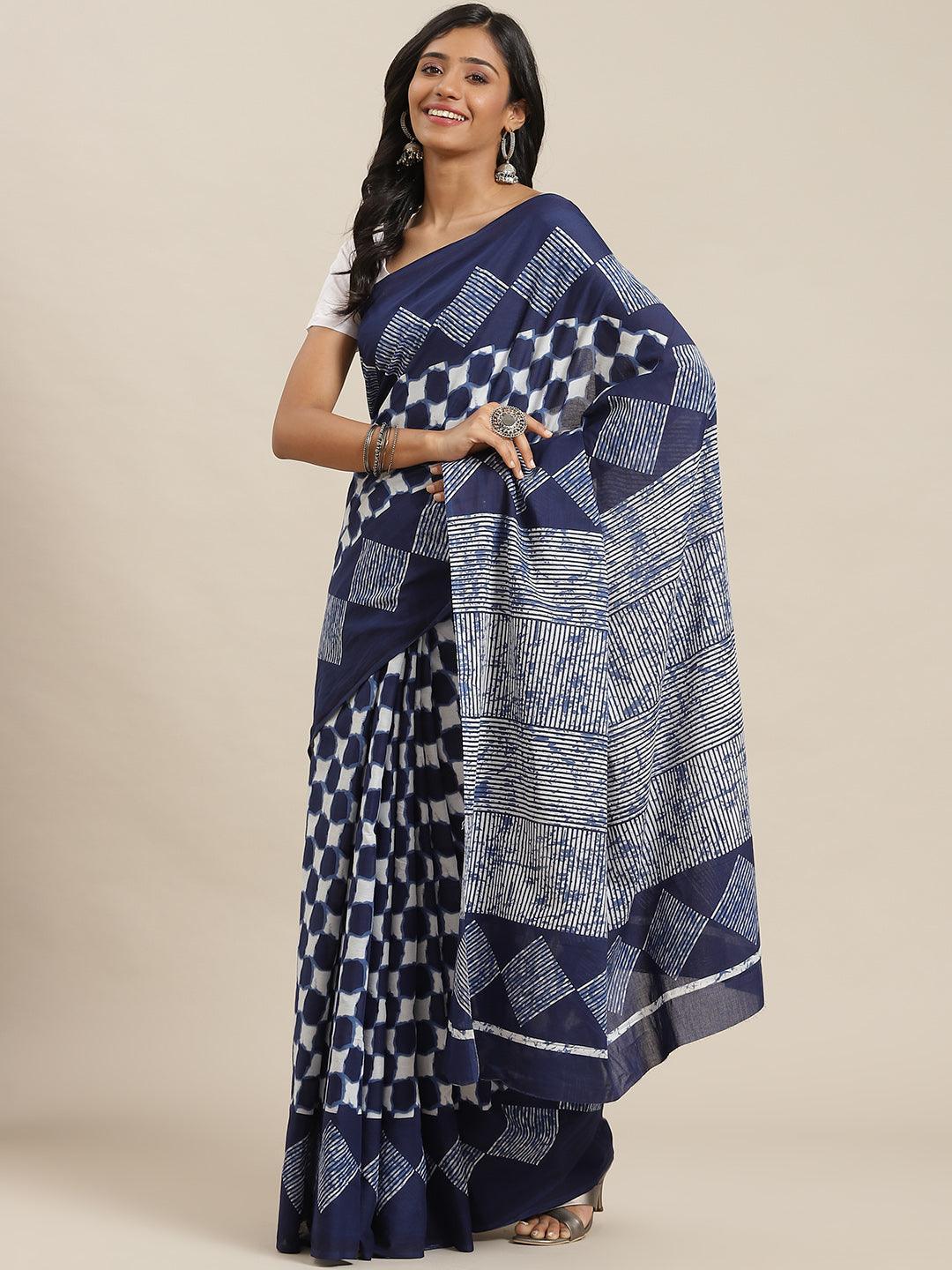 Blue Printed Cotton Saree - ShopLibas