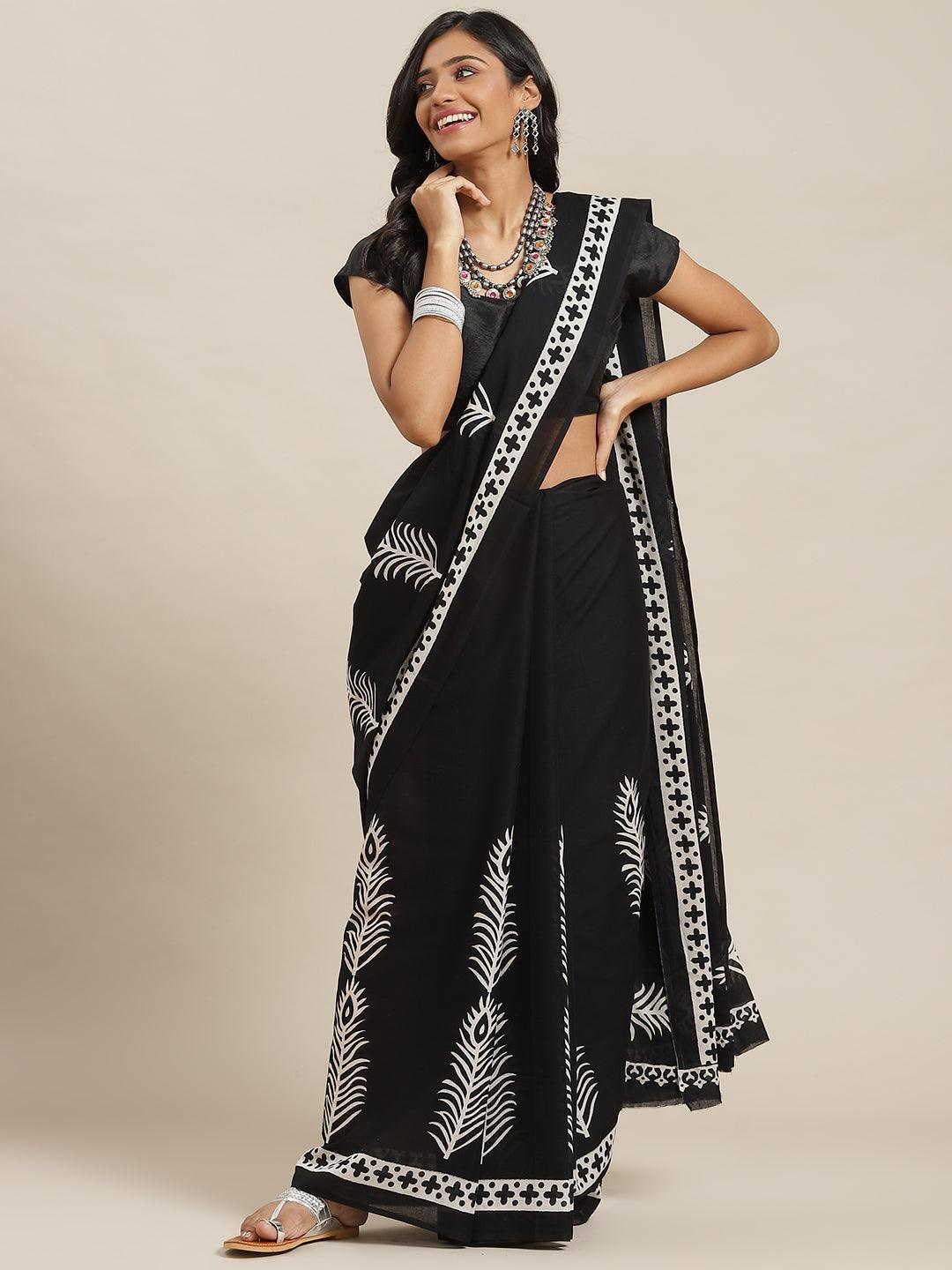 Black Printed Cotton Saree - ShopLibas