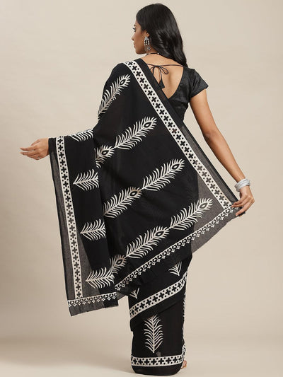 Black Printed Cotton Saree - ShopLibas