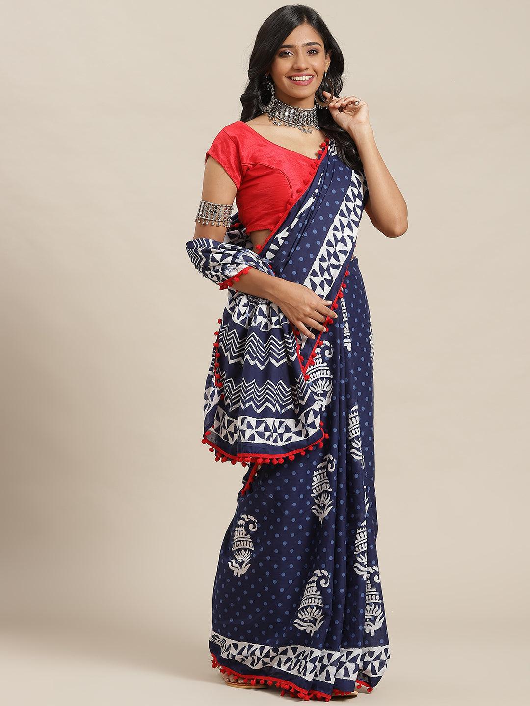 Blue Printed Cotton Saree - ShopLibas