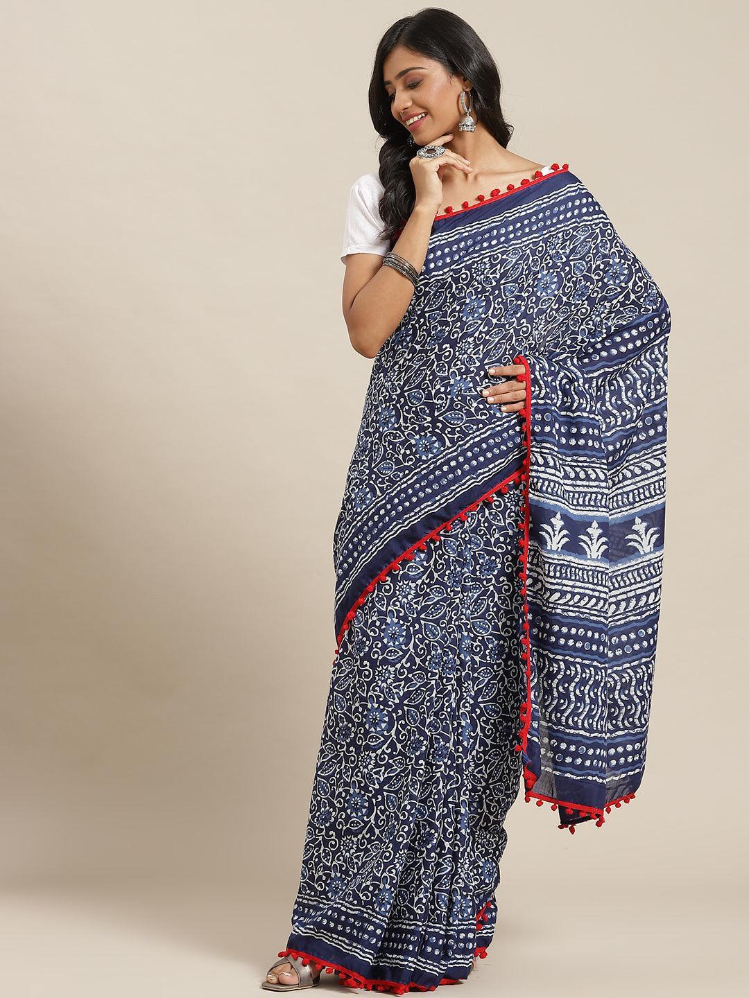 Blue Printed Cotton Saree - ShopLibas