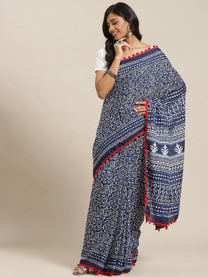 Blue Printed Cotton Saree - ShopLibas