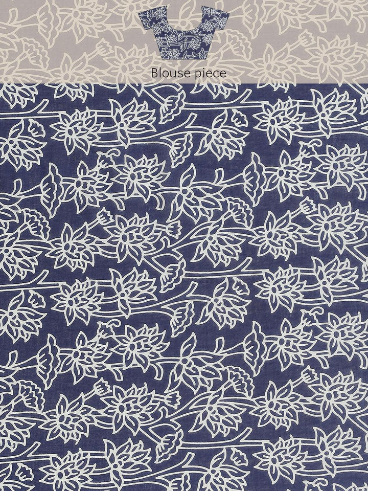 Blue Printed Cotton Saree - ShopLibas