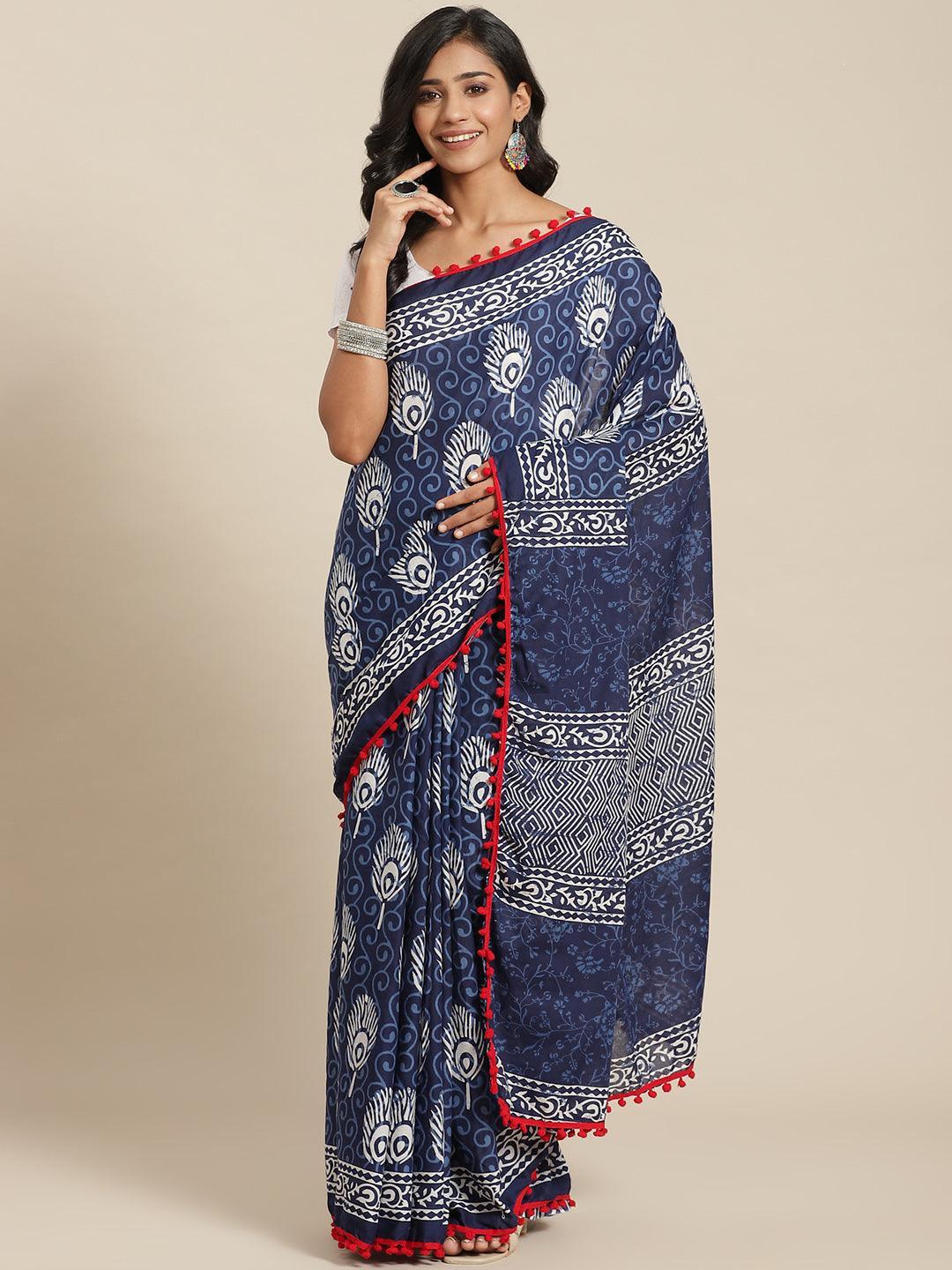 Blue Printed Cotton Saree - ShopLibas