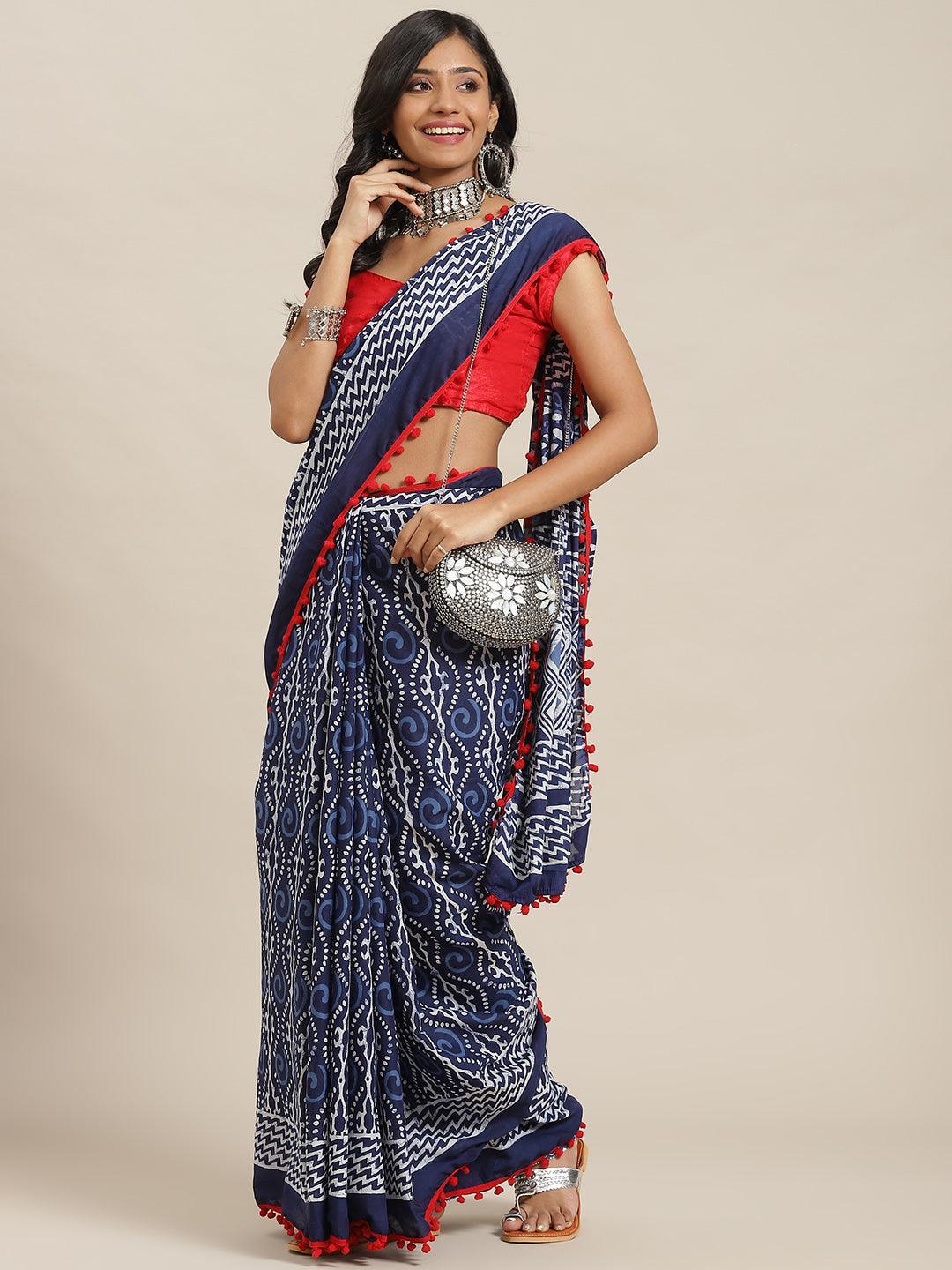 Blue Printed Cotton Saree - ShopLibas