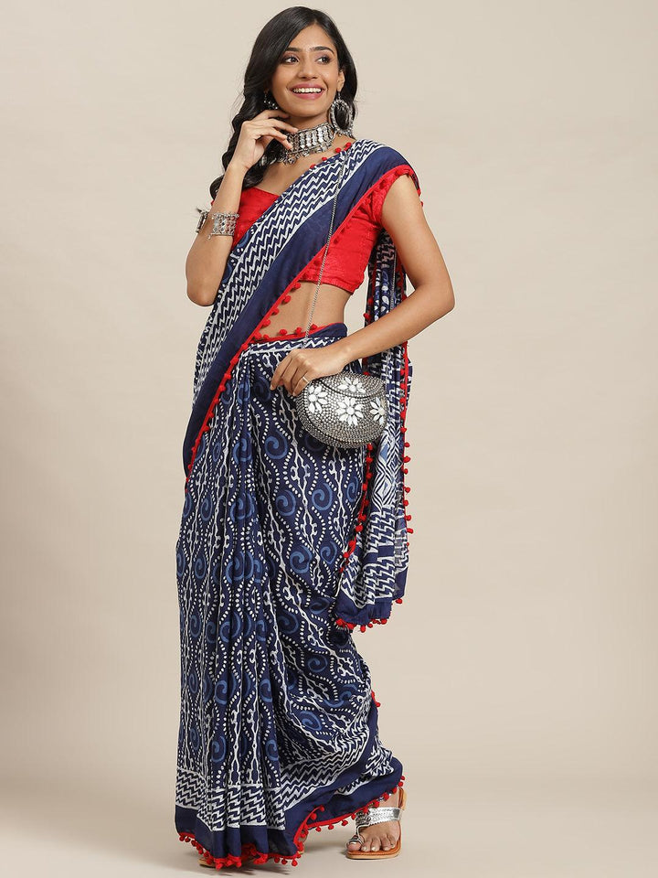 Blue Printed Cotton Saree - ShopLibas
