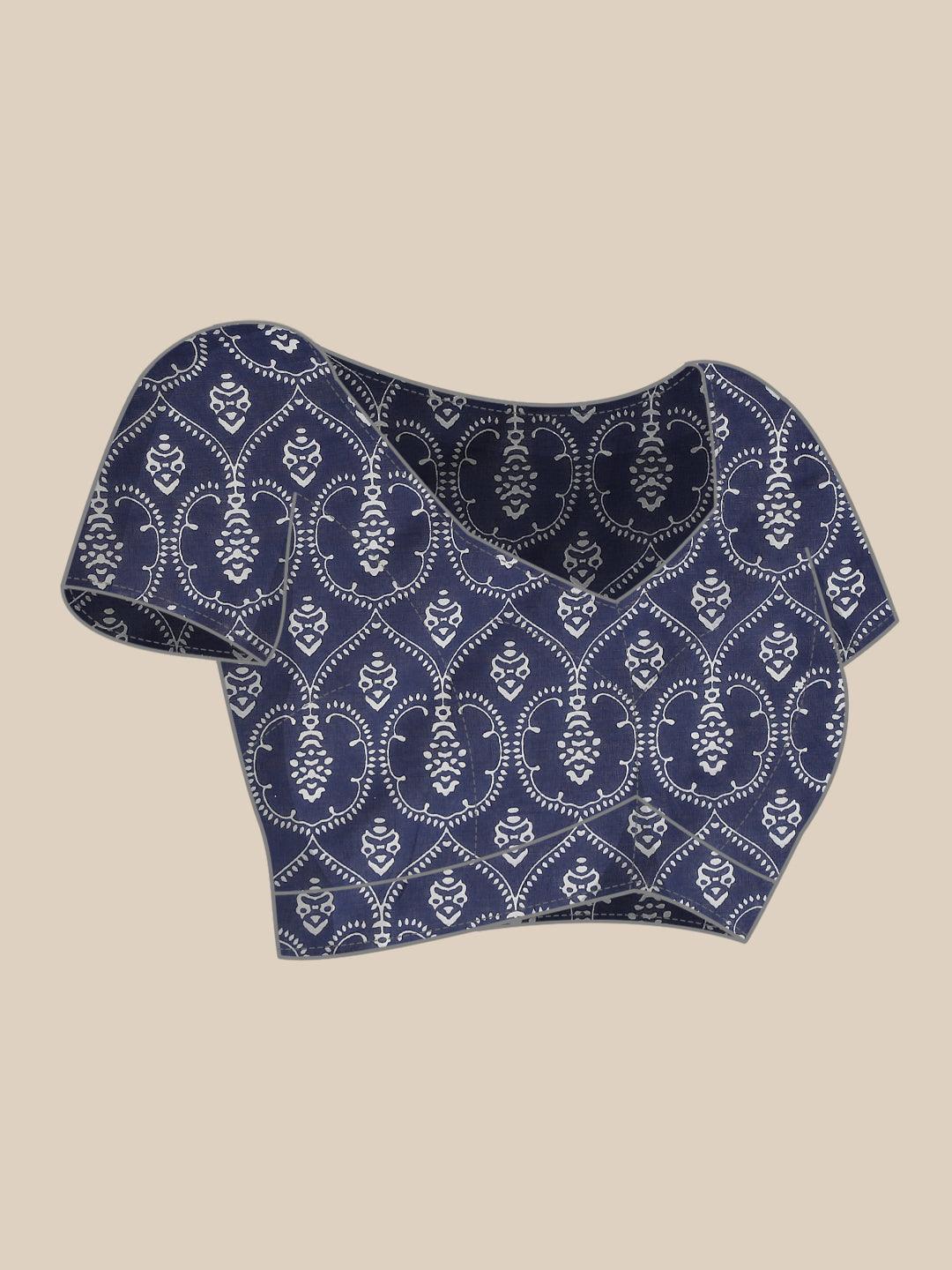 Blue Printed Cotton Saree - ShopLibas