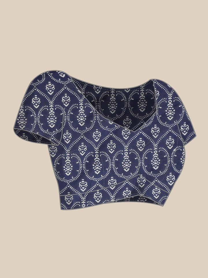 Blue Printed Cotton Saree - ShopLibas