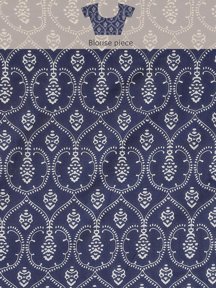 Blue Printed Cotton Saree - ShopLibas