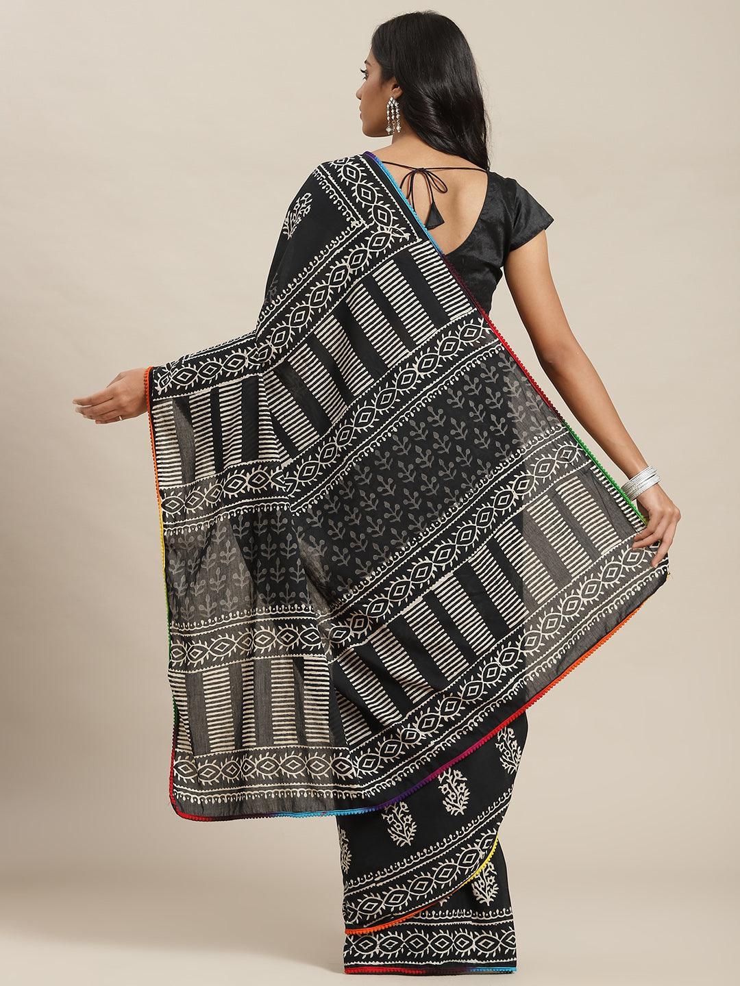 Black Printed Cotton Saree - ShopLibas